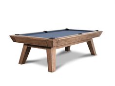 a pool table that is made out of wood and blue felt with black piping