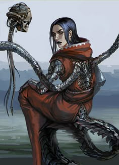 an image of a woman with a snake on her arm and a skeleton in the background