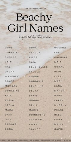 the beachy girl names are displayed in this poster