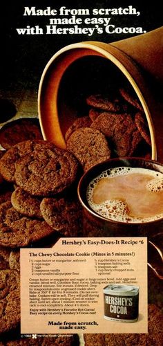 an advertisement for hershey's chocolate cookies with cocoa in the bowl and on the table