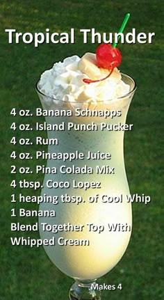 the tropical thunder milkshake recipe is in a tall glass with whipped cream and a cherry on top