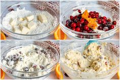 four pictures show the process of making cranberry cheesecakes in glass bowls