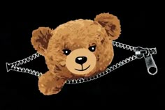 a brown teddy bear with chains on it's neck and eyes, attached to a black background