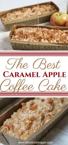 the best caramel apple coffee cake is in two pans and ready to be eaten