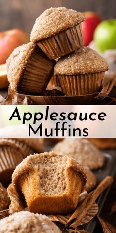 applesauce muffins stacked on top of each other in front of an apple