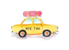 a yellow taxi cab with luggage on top and the words nyc taxi painted on it