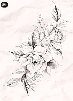 a drawing of flowers and leaves on paper