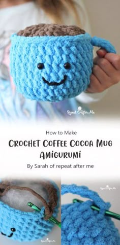 the crochet coffee cup cozy mug cover is made to look like an amigurm