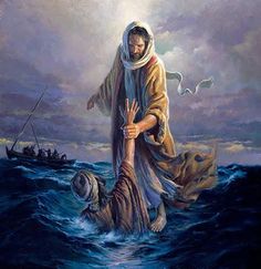 a painting of jesus walking on the water with his arms wrapped around another man's body