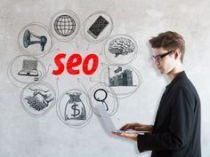 a man standing in front of a whiteboard with the word seo written on it