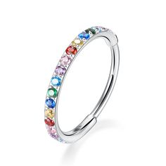 an open ring with multicolored stones on the inside, set in white gold