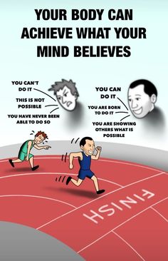 a cartoon depicting two men running on a track with the words, your body can achieve what