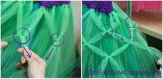 two pictures showing how to make a green tulle skirt with purple flowers on it