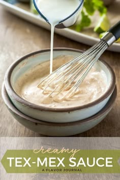 the cover of tex - mex sauce is being poured into a bowl