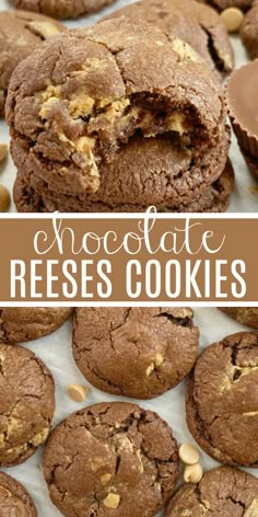 chocolate reeses cookies are stacked on top of each other with the words, chocolate reeses cookies