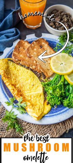 the best mushroom omelet recipe is shown with broccoli and lemons