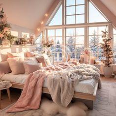 a bedroom with a large window and lots of pillows on the bed in front of it