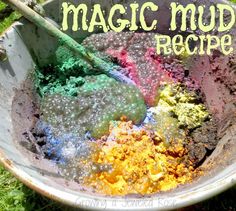 a bowl filled with different colored powder and a wooden spoon in it that says, magic mud recipe