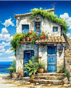 a painting of a house with flowers on the balcony and steps leading up to it