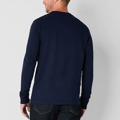 This St. John's Bay men's long-sleeve t-shirt is an everyday styling must-have. Made from super-soft sueded jersey, this relaxed-fit pullover tee has long sleeves and a chest pocket. Wear it with jeans or pants. Closure Type: Pullover HeadFit: Classic FitNeckline: Crew NeckPockets: 1 Chest Slip PocketSleeve Length: Long SleeveSleeve Style: Cuffed SleeveApparel Length: 29 InchesFiber Content: 100% CottonFabric Description: JerseyCare: Machine Wash, Tumble DryCountry of Origin: Imported Navy Relaxed Fit Long Sleeve T-shirt, Navy Long Sleeve Relaxed Fit T-shirt, Navy Crew Top With Relaxed Fit, Navy Relaxed Fit Crew Top, Casual Navy Crew Top, Pocket Tshirt, Mens Crew Neck, Chest Pocket, Mens Long Sleeve