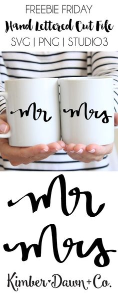 two coffee mugs with the words mr and mrs written in black ink on them