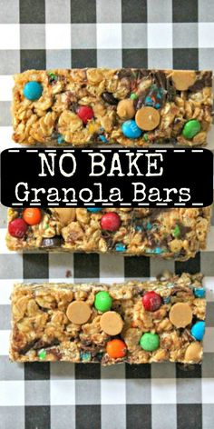 no bake granola bars on a checkered tablecloth with text overlay