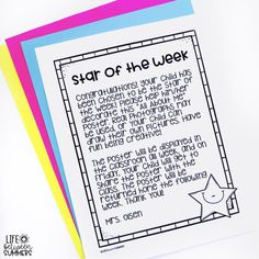 a star of the week poem is shown on top of three colored papers with writing underneath it