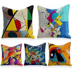 four pillows with different designs on them in various shapes and sizes, each featuring an abstract painting