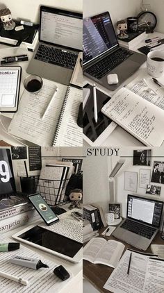 there are many different pictures of laptops on the desk with books and papers all over them