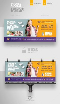 two billboards for kids school with different colors and designs on the front, one is purple