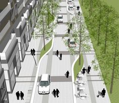 an artist's rendering of a city street with people walking and cars parked on the road