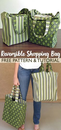 a woman holding two bags with the text revable shopping bag free pattern and video