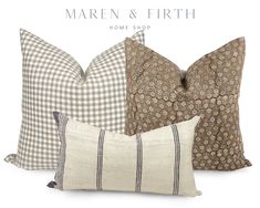 three pillows with different patterns on them and the text maren & fifth home shop