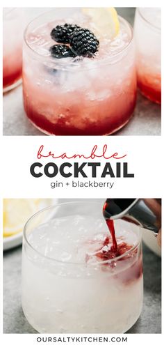 two glasses filled with gin and garnished with blackberries