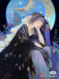 a painting of a woman sitting in front of a blue moon with stars on it