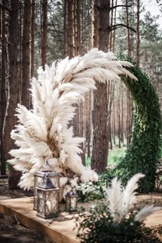 an outdoor ceremony setup with pamodia and lanterns in the woods, surrounded by trees