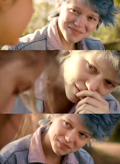 two pictures of a boy with blue hair smiling and looking at the same person's face