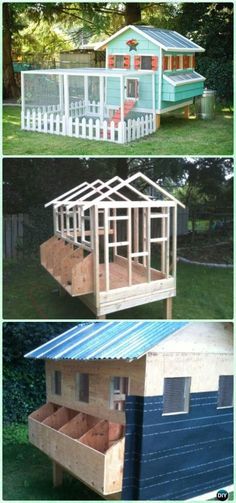 three different pictures of a small house with windows and sidings on the roof, side by side