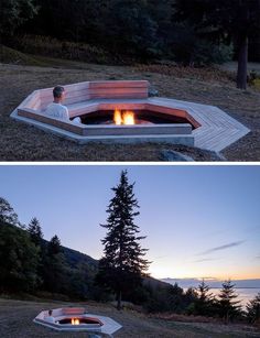 two pictures of a fire pit in the middle of a field with trees on both sides