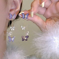 Earrings Purple Butterfly Rhinestone Long Tassel Drop Silver-Tone New Just Over 2" Long 4 Butterflies On Each Earring So Pretty! New In Package Womens Jewelry Trends, Long Tassel Earrings, Luxury Earrings, Butterfly Earrings Stud, Tassel Drop Earrings, Casting Jewelry, Trendy Earrings, Fancy Jewelry, Purple Butterfly