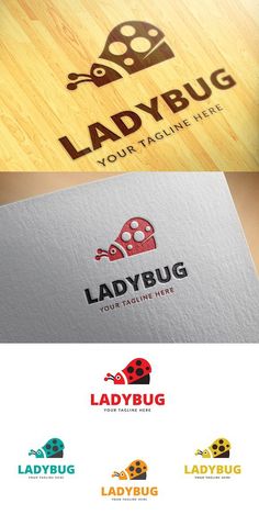 ladybug logo is shown on the side of a wooden surface with different colors and sizes