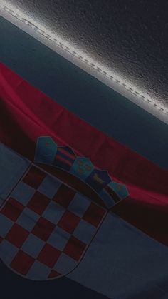 a close up of a red and blue flag with an emblem on the back side