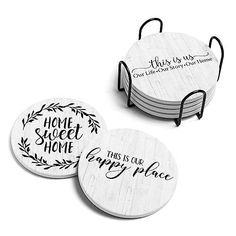 three coasters with the words home sweet home and enjoy place printed on each one