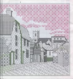 a cross stitch pattern with buildings and clouds in the background