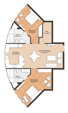 the floor plan for an apartment with two beds and one living room, including a dining area