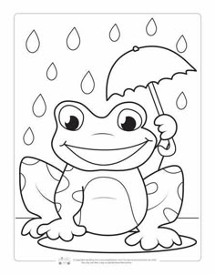 a frog with an umbrella in the rain coloring pages for kids, free printable