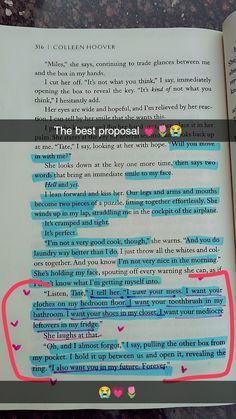 an open book with the words'best proposal'written in pink and blue on it