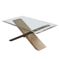 a glass table with wooden legs and a metal handle on the bottom, against a white background