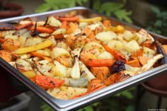 a pan filled with cooked vegetables sitting on top of a metal tray next to potted plants