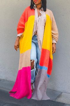 Colorblock Sweater, Long Knit Cardigan, African Fashion Women, Pocket Cardigan, Long Kimono, Bright Colored, Casual Cardigans, Streetwear Women, Plus Size Casual